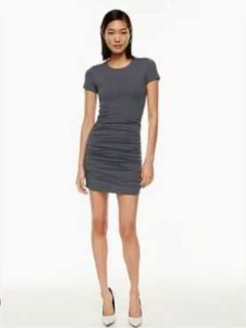 Babaton Gray Ruched Short-Sleeve Mini Dress